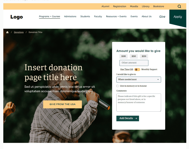 Screenshot of resources and donations page design
