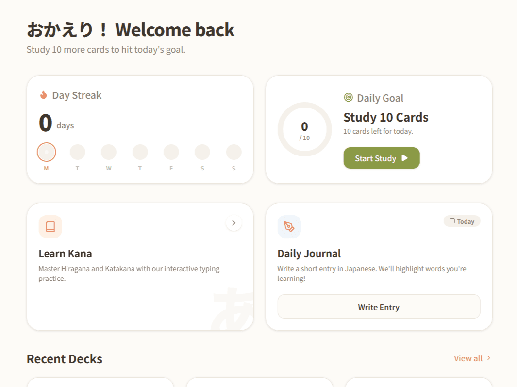 Screenshot of the Hiyori Japanese study app