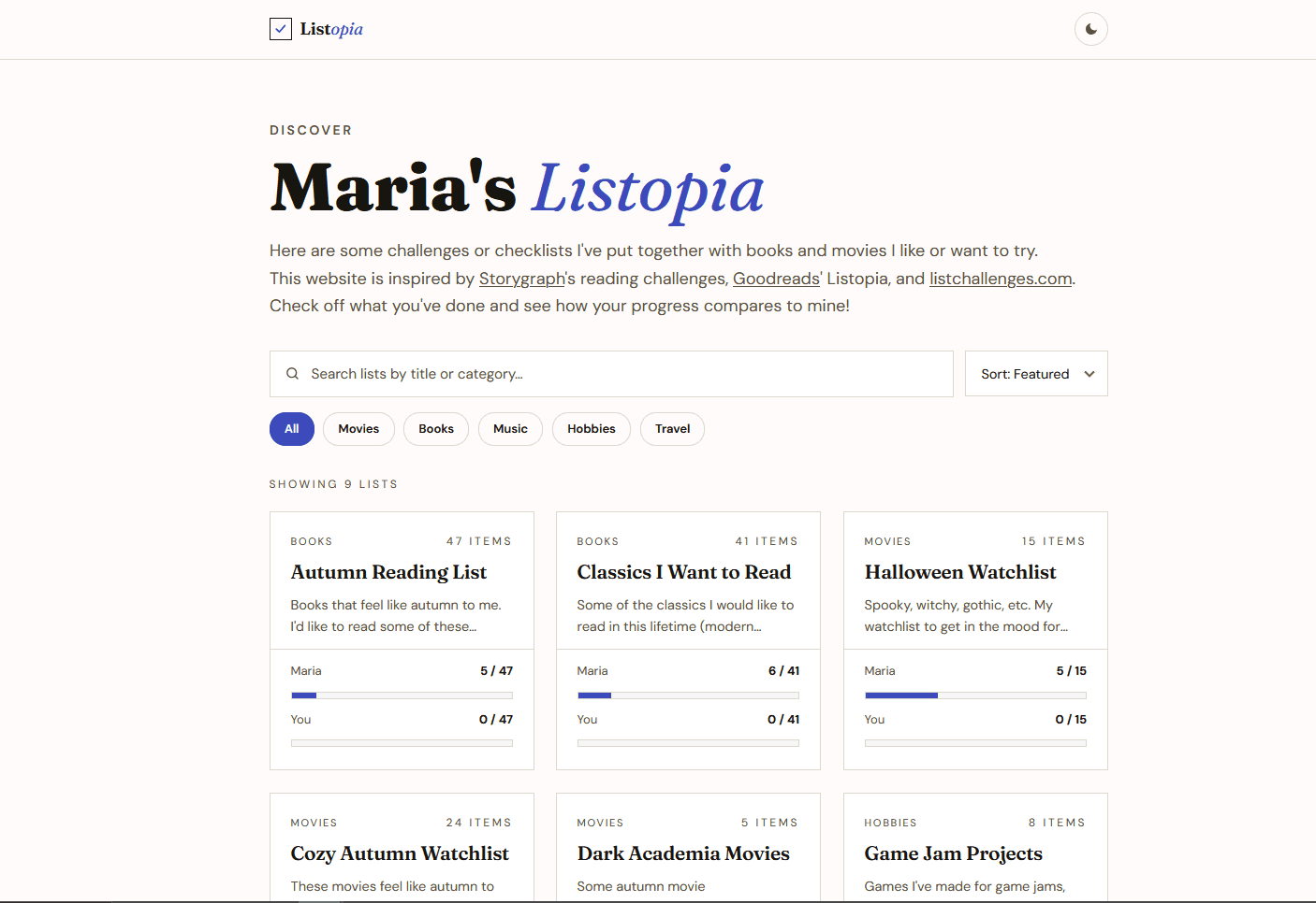 Screenshot of Listopia's Discover page, with list cards comparing Maria's progress to yours