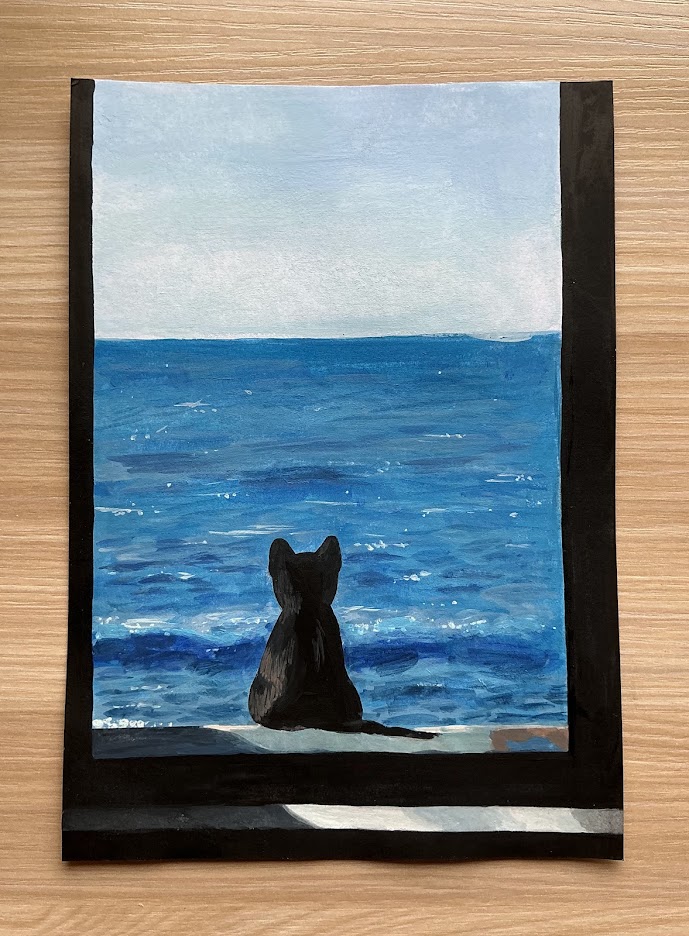 Gouache painting of a cat looking at the sea