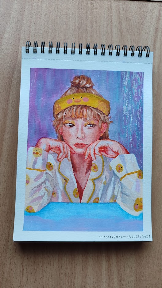 Gouache painting of a girl with duck themed clothes