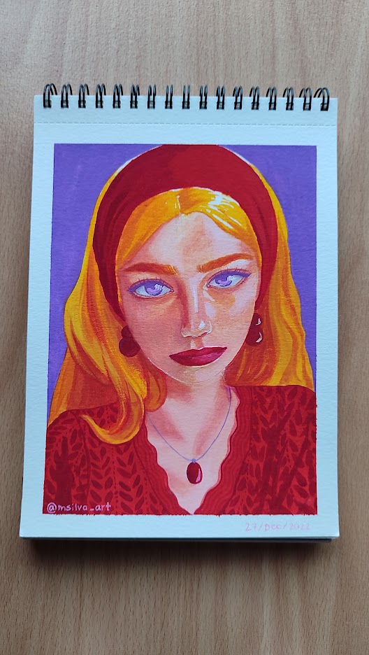 Gouache painting of a girl in red clothes