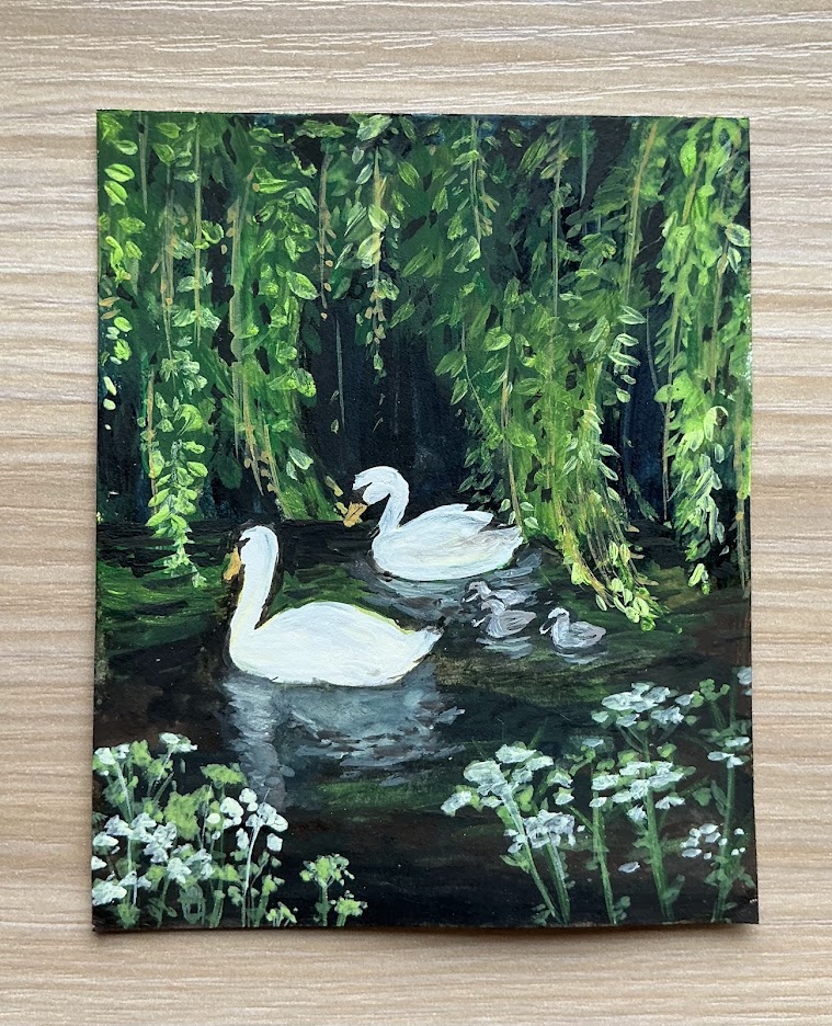 Gouache painting of swans in a lake